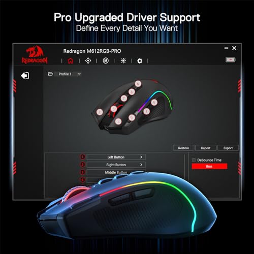 Redragon M612 Wireless RGB Optical Gaming Mouse 8000 DPI Remapping Keys | Cable-Free 0 Delay, Redefine Keybinding Macro, Vibing Backlight, Ergonomic Grip Body Comfort - color: Black, style: Wireless