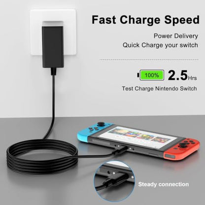 2 Pack Charger for Nintendo Switch,USB-C Fast Wall Charging Block with 6ft Cable,Wall & Travel Charger Adapter for Switch,Steam,ROG Ally