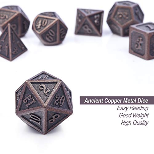 D&D Metal Dice Set, DNDND 7PCS Metallic Ancient Copper Dice with Metal Case for DND Dungeons and Dragons Table Games Roly Playing Rolling - color: Ancient Copper