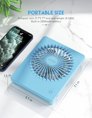 Zuvas Desk Fan Small Rechargeable Battery Table Fans for travel Ultra Quiet | 180° Tilt Folding, LED Dislay, Portable Fan Slim Design, 3 Speed Adjustable, for Office Bedroom Desktop, Cruise Essentials - color: Blue