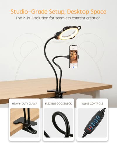 Desk Lamp, Ring Light for Laptop Desk Clip On, LED Reading Light with Clamp, Silicone Flexible Arm Book Light, Video Conference Lighting with Stand for Phone/Zoom Meeting/Video Call/Recording