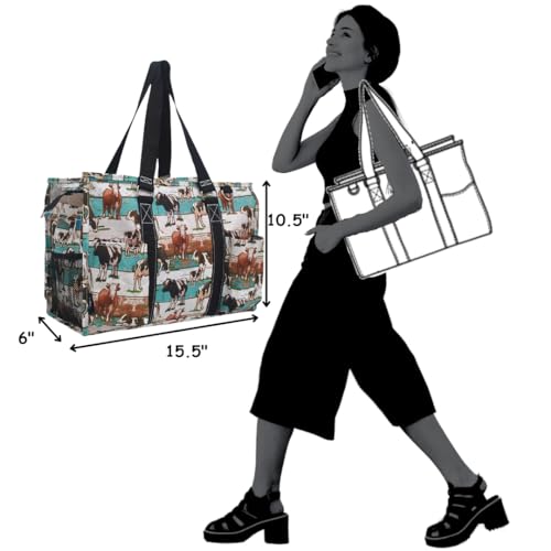 NGIL Utility Water Resistant Tote Bag | Work Tote for Women, Nurse Bag, Teacher's Choice Purse, Gym Bag, Everyday Organizer Top Zipper Closure - color: Country Cow-black