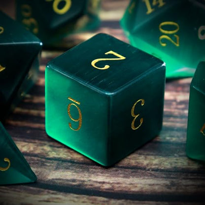 Haxtec Gemstone DND Dice Set Emerald Green Cat Eye Stone Dice with Dice Case Compatible with Dungeons and Dragons Role Playing Games DNDGift - color: Green