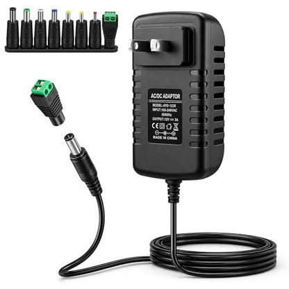 inShareplus 12V 3A Power Supply Adapter with 8 DC Tips, Universal AC to DC 12 Volt 36W Adapter for LED Strip Lights, Routers, DVR Systems and Other 12V Devices - size: 12V3A 36W