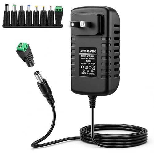 inShareplus 12V 3A Power Supply Adapter with 8 DC Tips, Universal AC to DC 12 Volt 36W Adapter for LED Strip Lights, Routers, DVR Systems and Other 12V Devices - size: 12V3A 36W