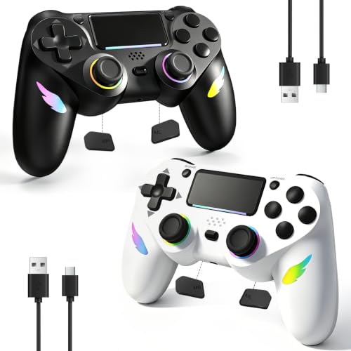 CozyNius 2 Pack Light-up Wireless Controller for Ps4/Slim/Pro/PC,Remote Control with Programmable and Turbo,RGB Light,Hall Effect Joystick,Vibration,6-Axis Gyro,1000mAh Battery,USB-C Port- Black+White