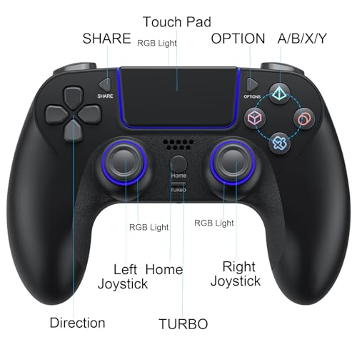 Wireless Game Controller for PlayStation 4 Bluetooth Replacement Gamepad for PS-4 Slim/Pro & Windows PC Rechargeable Portable Double Vibration Joystick Remote Joypad with 1000mAh Battery,Turbo,Mapping