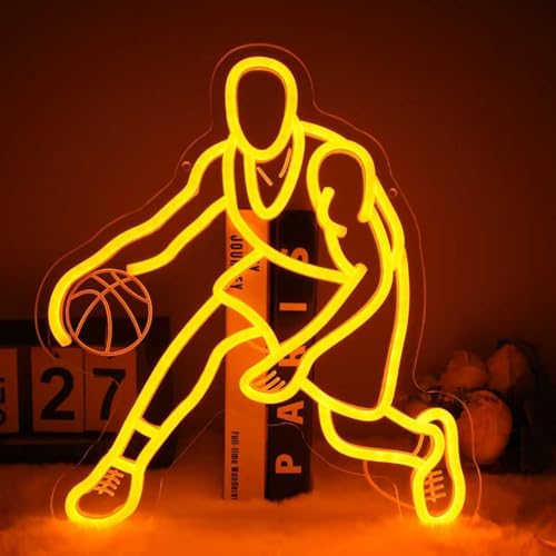 Play Basketball Neon Sign, Dimmable Basketball Player Wall Light for Man Cave Boys Room LED Sports Sign for Boys Room College Dorm Living Room Party Decor, Gift for Rugby Lovers - color: Yellow,DaLanQiu
