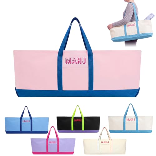 Mahjong Bag for Tiles and Racks Empty American Mahjong Tiles Carrying Tote 31.5 x 12 x 4 Inch Canvas Tile Game Accessory Gift for Pusher Rack Mat Carrying, Case Only(Pink and Dark Blue) - color: Pink and Dark Blue