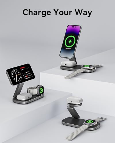 3-in-1 Charging Station for Apple Device, Qi2 25W Certified Magnetic Wireless Foldable Fast Charger Stand Compatible with MagSafe for iPhone 17e/17/16/15/14/13/12/Air Series, Apple Watch & AirPods - color: MatteBlack