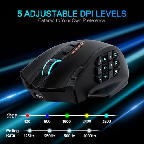 Redragon M913 MAX Wireless MMO Gaming Mouse 26000 DPI Remapping Keys | Cable-Free 0 Delay, Smooth Precise Tracking, Redefine Keybinding Macro, Vibing Backlight, Ergonomic Grip Body Comfort - color: Black, style: Wireless M913 Max