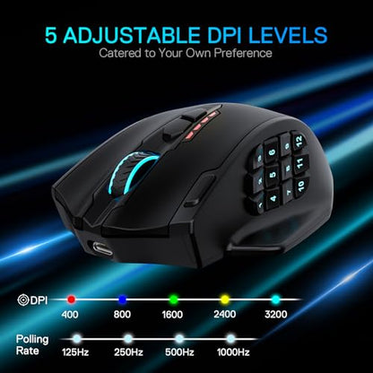Redragon M913 MAX Wireless MMO Gaming Mouse 26000 DPI Remapping Keys | Cable-Free 0 Delay, Smooth Precise Tracking, Redefine Keybinding Macro, Vibing Backlight, Ergonomic Grip Body Comfort - color: Black, style: Wireless M913 Max