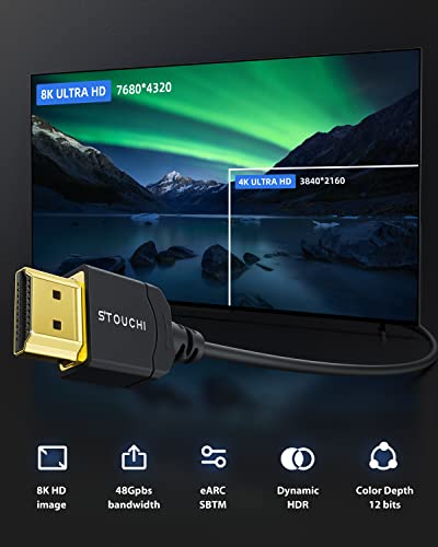 Stouchi Ultra Thin HDMI Cable(3.3FT/2 Packs), [Certified 48Gbps] 8K Ultra High Speed HDMI® Cable 8K@60Hz 4K@120Hz, eARC, HDR, Dolby Atmos/Vision Compatible with PS5/Xbox/Roku TV/Gaming Monitors | 3.3FT/2 Packs 8K@60Hz 4K@120Hz, eARC, HDR, Dolby Atmos/Visi