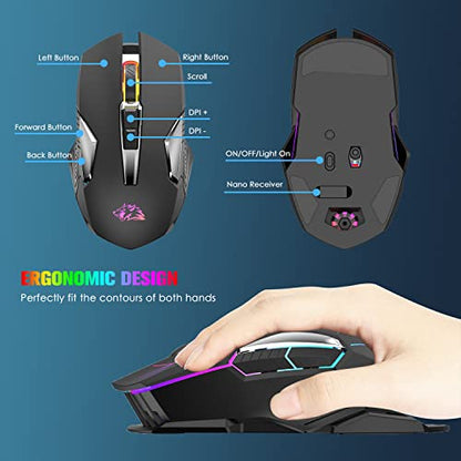 FELICON Wrieless Gaming Mouse, Silent Rechargeable Optical Sensor 3 Level DPI Computer Mice, Computer Wrieless Mouse with 7 Color LED Light for Windows/Mac/Linux/PC/Laptop(Black) - color: Black