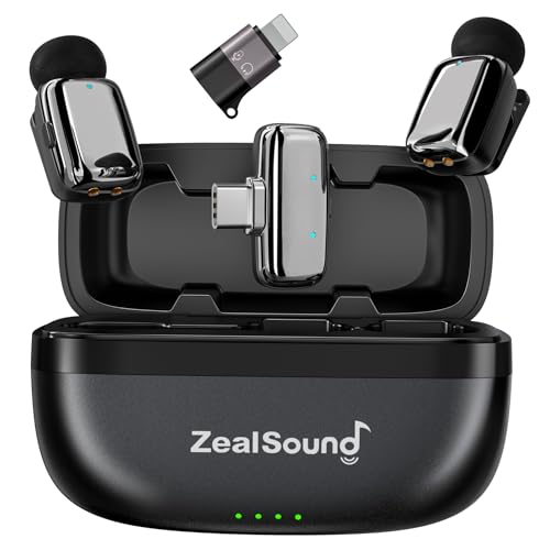 ZealSound Mini Wireless Lavalier Microphone for iPhone iPad Android, Dual Channel Wireless Microphones with Noise Cancellation, Mute & Volume Control, 33H Battery Case, USB-C & Lightning Plug & Play - color: Silver
