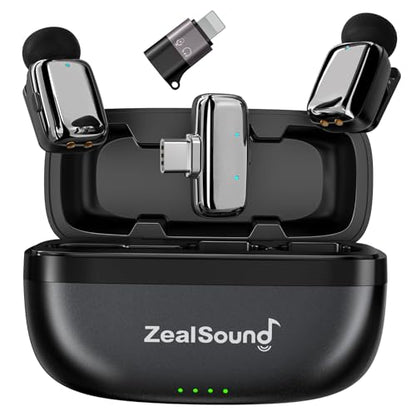 ZealSound Mini Wireless Lavalier Microphone for iPhone iPad Android, Dual Channel Wireless Microphones with Noise Cancellation, Mute & Volume Control, 33H Battery Case, USB-C & Lightning Plug & Play - color: Silver