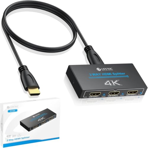 eSynic 4K@30Hz HDMI Splitter 1x3-1 in 3 Out HDMI Splitter for Dual Monitors-Plug & Play-Supports1080P 3D HDCP Bypass – for PS4/PS5, Projector, PC, TV, Office Conference -Only Mirror No Extend Mode - size: 1 in 3 Out