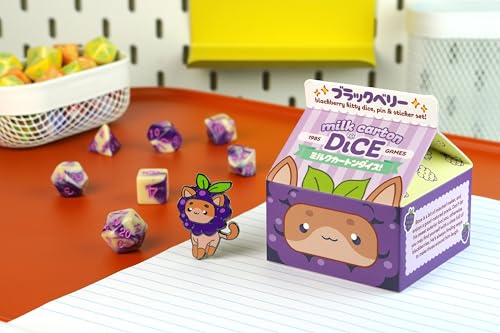 1985 Games BlackBerry Kawaii Cat Dice Set – Milk Carton-Inspired Dice for DND | TTRPGs & Tabletop Roleplaying - color: Blackberry
