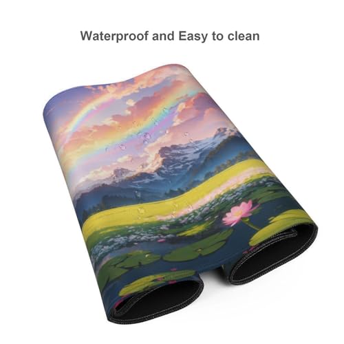 XXL Gaming Mouse Pad 35.4x15.7 inch, Beautiful Lotus Rainbow Landscape Theme Desk Mat, Mountain Flower Elegant Girly Scene Large Mousepad,Fantasy Artistic Keyboard Mouse Mat (Lotus Rainbow) - color: Lotus Rainbow