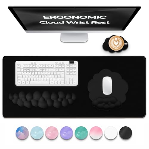 Premium Quality Cloud Wrist Rest Keyboard & Mouse Pad Set – Ergonomic Memory Foam Desk Accessories with Wrist Support for Office & Gaming – Black Fabric - color: Black Set 4