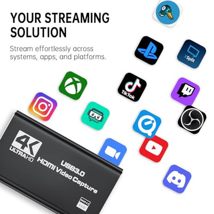 4K HDMI Capture Card for Streaming, Full HD 1080P 60FPS Capture USB 3.0 Audio Video Capture Card,for Switch/PS4/PS5/Xbox, Plug and Play, Works on Laptop, PC, Mac
