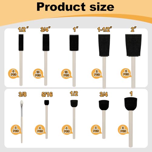 50pcs Foam Brush and Round Foam Brush Set with High Density Foam for Multi Project (5/16", 1/2", 3/4", 1", 1-1/2", 2") - size: 5/16"-2" assorted 50pcs