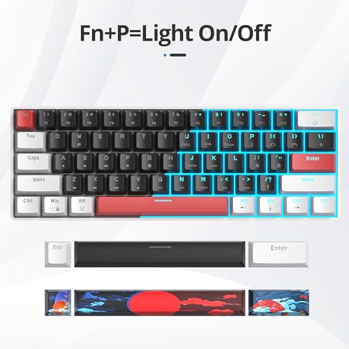 Portable 60% Mechanical Gaming Keyboard, 60 Percent Red Switch LED Backlit, 61 Keys Mini Black & White USB Wired Office Keyboard for Windows Mac Laptop PC - color: 61 White & Black/Red Switch