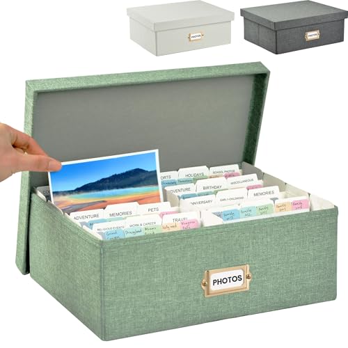 Linen Photo Storage & Keepsakes Box with Dividers for Cards & Photos | Holds 1700 4x6 Pictures Memory Keepsake Organizer Photos Cards Stamps Scrapbook Supplies Multi-Purpose Home Storage - color: Green