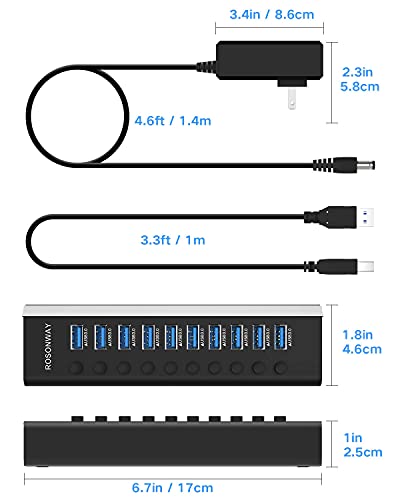 10-Port Powered USB Hub, Aluminum USB 3.0 Data Hub 36W, RSH-A10 | USB Extender Hub Splitter with 12V/3A Power Adapter and Individual On/Off Switches, for Laptop and PC - size: 10-Port Powered USB Hub