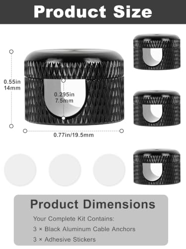 Black Aluminum Cable Clips for Desk 3 Pack, Upgraded Adhesive | Cord Holder for Nightstand, Screw-top Phone Cord Holder, USB Wire Cable Management Clips to Keep Cables Tidy