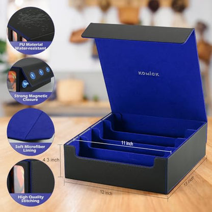 Ultra-Capacity 4-Row Trading Card Storage Box with Commander Display - Holds 3000+ Cards with 12 Dividers & 4 Card Holders, PU Leather Deck Box MTG, Deck Box TCG YuGiOh, Sports Cards - color: Black / Blue