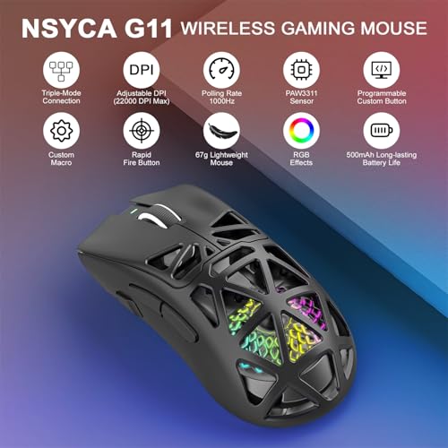 G11 Lightweight Wireless Gaming Mouse for FPS & Competitive Gaming, Tri-Mode Bluetooth 5.1/2.4GHz/USB-C, 22000 DPI RGB Mouse with Programmable Buttons for PC, Laptop & Mac (Black) - color: Black