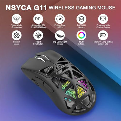 G11 Lightweight Wireless Gaming Mouse for FPS & Competitive Gaming, Tri-Mode Bluetooth 5.1/2.4GHz/USB-C, 22000 DPI RGB Mouse with Programmable Buttons for PC, Laptop & Mac (Black) - color: Black