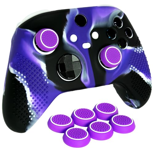 Anti-Slip Purple Black Controller Skin,Studded Edition Protective Silicone Cover Skin Grips Compatible with Xbox Series X/S Controller and 6 PCS Thumb Grips Caps. - color: Purple Black