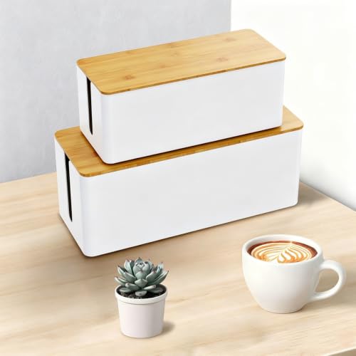 2-Pack Cord Organizer Box with Lids, White Cable Management Box Set, No-Drill Charger & Computer Wire Organizers for Desk, TV, Router, Computer, and Outlets in The Office, Study, Kitchen Areas - color: white - 2 pack