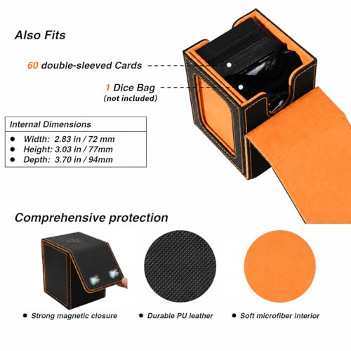 MTG Deck Box with Commander Display Window (Black&Orange, 1 window) | Holds 120 Single/100 Double-Sleeved Cards, Fit MTG/PTCG/OPTCG Cards, Strong Magnet, PU Leather, With 2 Dividers & 1 Toploader - color: Black and Orange