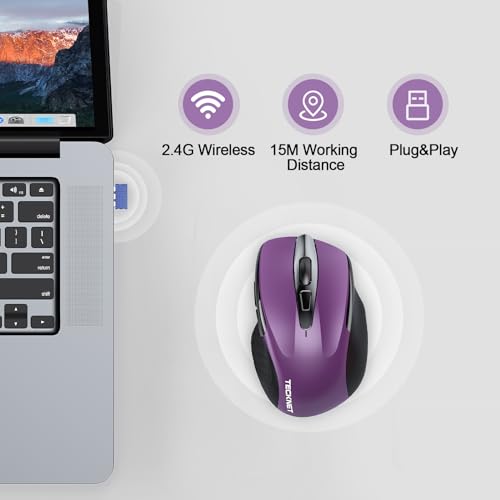 TECKNET Wireless Mouse Rechargeable, 2.4G Computer Mice with USB-A Receiver | 2.4G Connection, 800mAh Battery, 3X Faster Charging, Silent Click, 6-Level 4800 DPI, Ergonomic Design for All-day Comfort - color: Purple