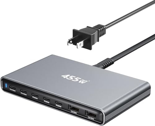 455W USB C Charger Block,Fast Charging Station 7-Port with Dual 100W PD Ports&GaN Technology,Slim Desktop Charging Hub Multiport Adapter for Multiple Devices,Compatible with MacBook/DELL/iPad/iPhone