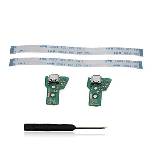 2PCs JDS-040 Replacement Micro USB Charging Port Adaptor Repair Part Charger Socket Board Module for PS4 Wireless Controller with 12 Pin Flex Cable, Tool Screw
