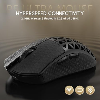 ATTACK SHARK R5Ultra 8K Carbon Fiber Wireless Gaming Mouse, Black&Tape | 42K DPI,PAW3950 MAX Sensor,39g Ultra-Lightweight,Nordic 52840 MCU Chip,Wired/BT/2.4GHz Wireless Programmable Mouse for PC/Mac - color: Black&Griptape