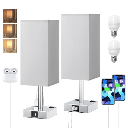 aooshine Touch Bedside Table Lamp Set of 2-3-Way Dimmable Night Lamp with USB A + Type C Charging Ports and Two AC Outlets, Small Desk Light with E26 LED Bulb for Bedroom Living Room Dorm Office - color: Gray & Silver (2PCS), size: 14.0in
