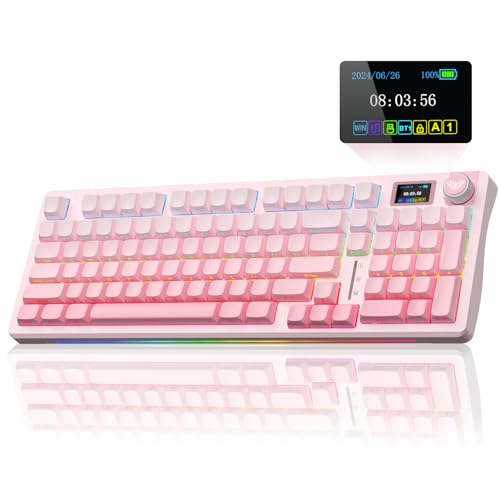 AULA S98 Pro Wireless Mechanical Keyboard with Screen & Knob,2.4GHz/USB-C/BT5.0 Hot Swappable Pink Creamy Keyboard,Pre-lubed Linear Switches,Side Printed PBT Keycaps,RGB Backlit Gaming Keyboards - color: Side Printed Pink