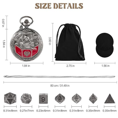 D&D Dice Set,7PCS Metal Dice for Dungeons and Dragons,Mini Dice Set with Pocket Watch Case,Role Playing Board Games Accessories (DM, Ancient Silver) - color: Ancient Silver, style: DM