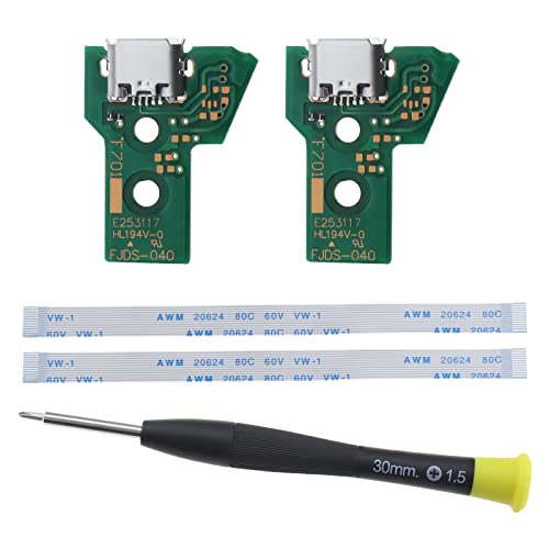ECSiNG 2PCS Interface Board JDS-040 and 12 Pin Ribbon Cable Compatible with PS4 Pro/Slim Wireless Controller Replacement Charging Port Assembly
