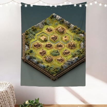 Batmerry Hex Grid Battlefield Miniature Terrain Tapestry, Isometric Game Map With Villages Wall Art Hanging Polyester Fiber White Ruffled Around for Dorm Room Bedroom Living Room, 59.1x39.4 inches
