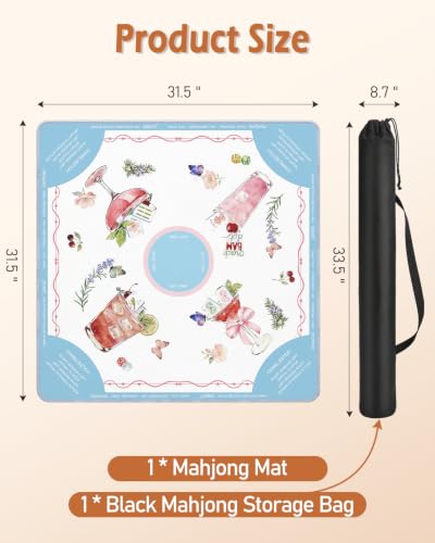 Mahjong Mat Table with Rules Mah Jong Mat Neoprene Travel Chinoiserie Floral Majong Learning Mat Instructions Mahjong Gifts Women Unique Non-Slip Rubber Pad, 31.5" x 31.5", Cocktail - color: Cocktail, size: 31.5" x 31.5"