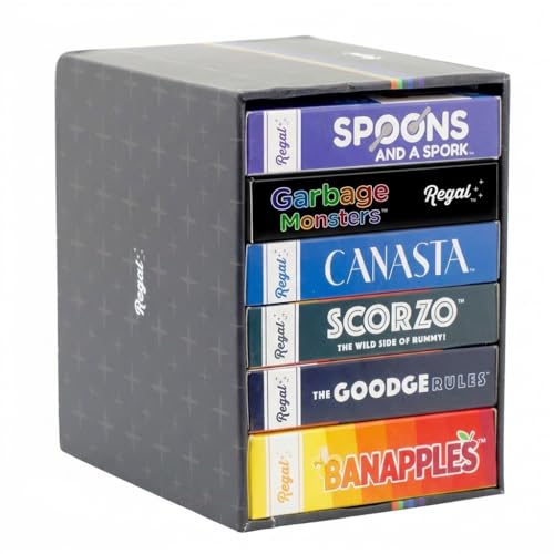 Regal Games Fun Card Games Set for Adults - Canasta, Spoons and a Spork, Garbage Monsters, ScorZo, The Goodge Rules, and Banapples Decks - Fun & Travel Playing Cards for Family Game Night - size: All 6 Games