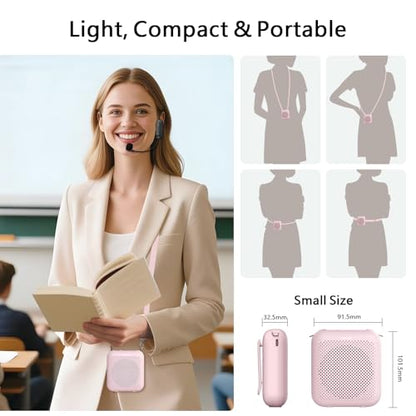 Voice Amplifier with Bluetooth, Portable Speaker with Microphone | Wireless Microphone Headset Speaker for Teacher, Mini Megaphone Sound Amplifier for Classroom, Tour Guides, Speaking - color: Pink - 15W