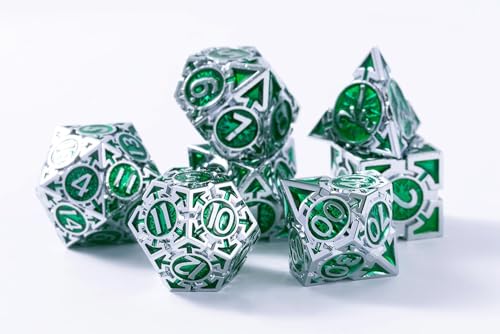 RULE DICE DND Metal Dice Set， D&D Dungeons and Dragons Dice, Cool Large Weighted 7 die Green Metal DND Dice Set, RPG MTG Role Playing Polyhedral Dice Set with D & D Gifts Box, D and D Dice Set - color: Silver-green