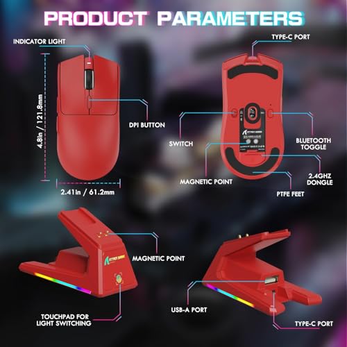 ATTACK SHARK X1 Ultralight Tri Mode Wireless 40000 DPI Gaming Mouse-Red | Magnetic RGB Charging Dock,PixArt PAW3395 Pro Sensor,BT/2.4Ghz/Wired,1K Polling,Optical Micro Switch,Driver for PC Mac Gamer - color: Red